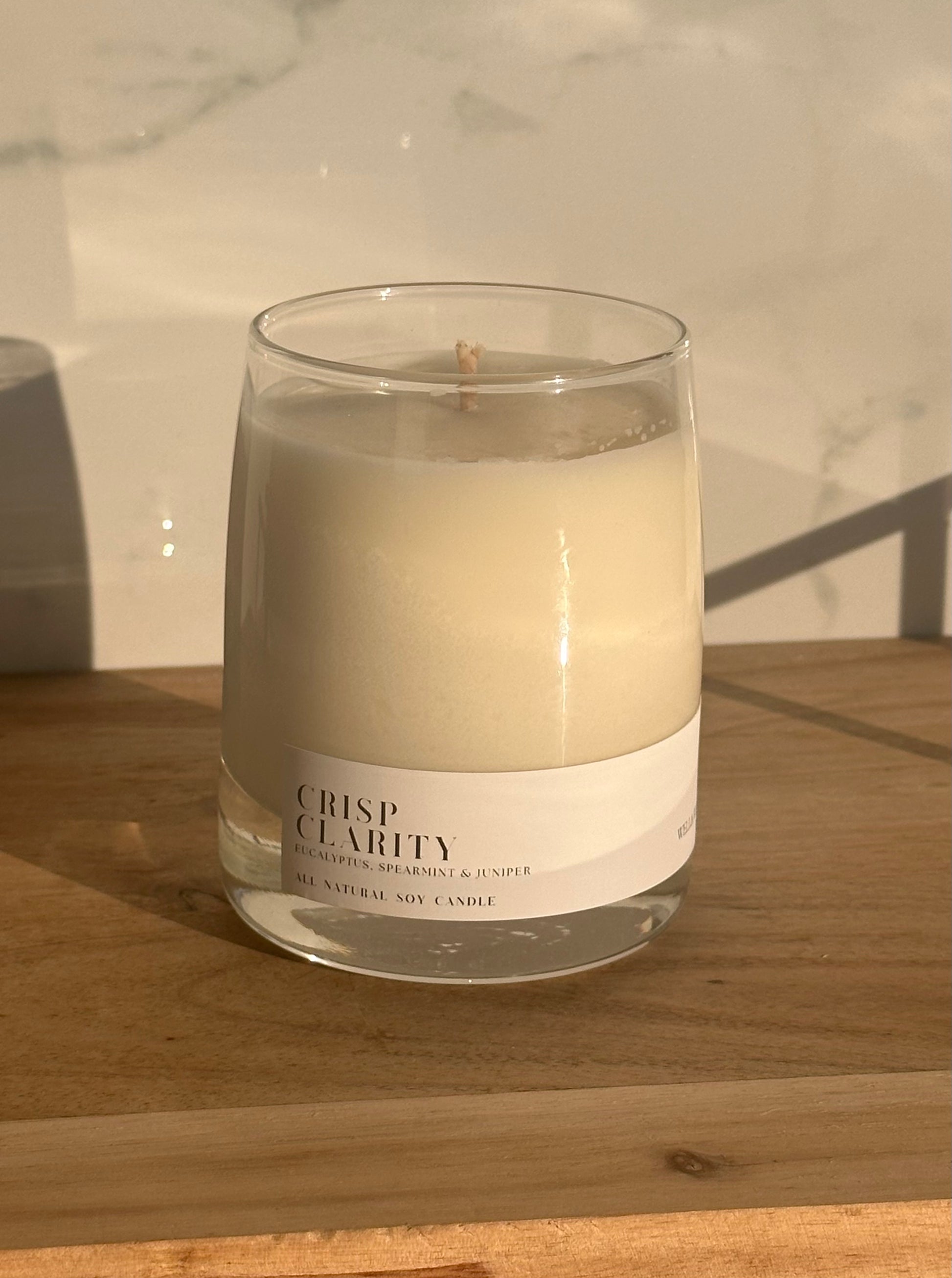 Crisp Clarity Soy Candle in a Clear Whiskey Glass Jar with White Label