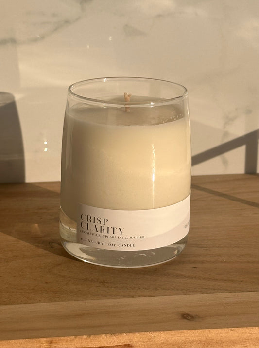 Crisp Clarity Soy Candle in a Clear Whiskey Glass Jar with White Label