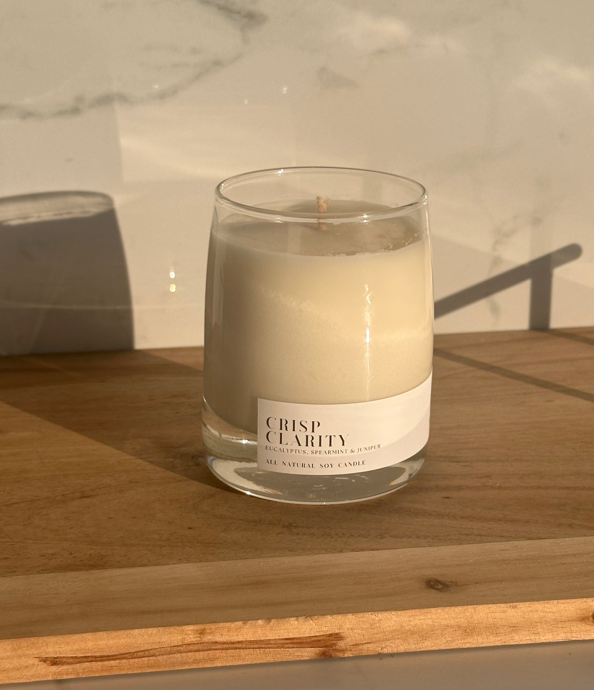 Crisp Clarity Soy Candle in a Clear Whiskey Glass Jar with White Label
