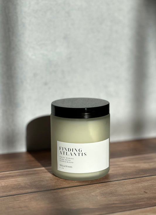Finding Atlantis Soy Candle in Frost Glass Jar with Black Lid