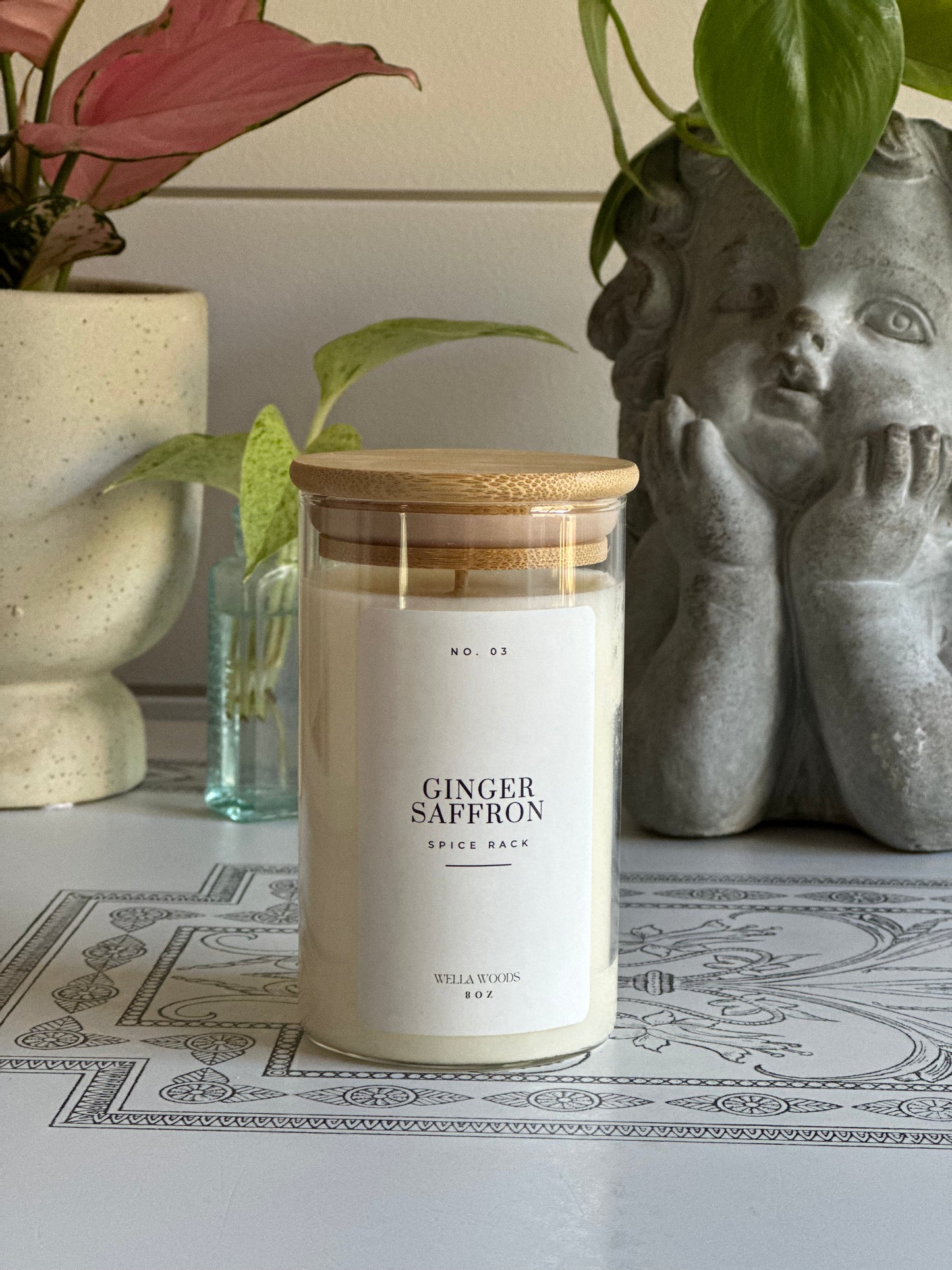 Ginger Saffron Soy Candle in clear Spice Rack Jar with Bamboo Lid and White Label.