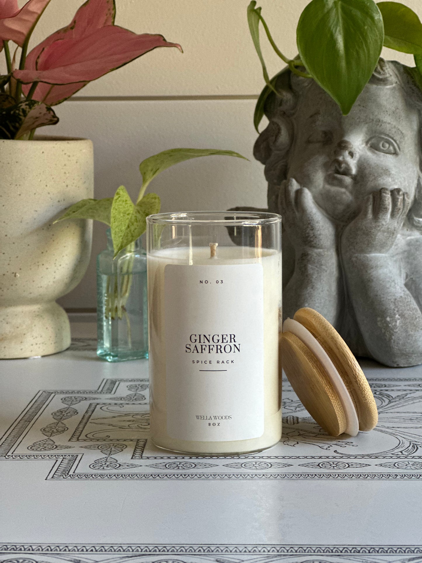 Ginger Saffron Soy Candle in clear Spice Rack Jar with Bamboo Lid and White Label.