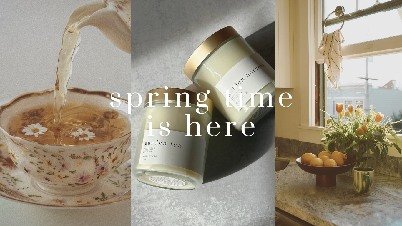 3 pictures. first one is of a vintage tea cup, second is 2 of our spring candles and the third is a kitchen scene of flowers and fruit