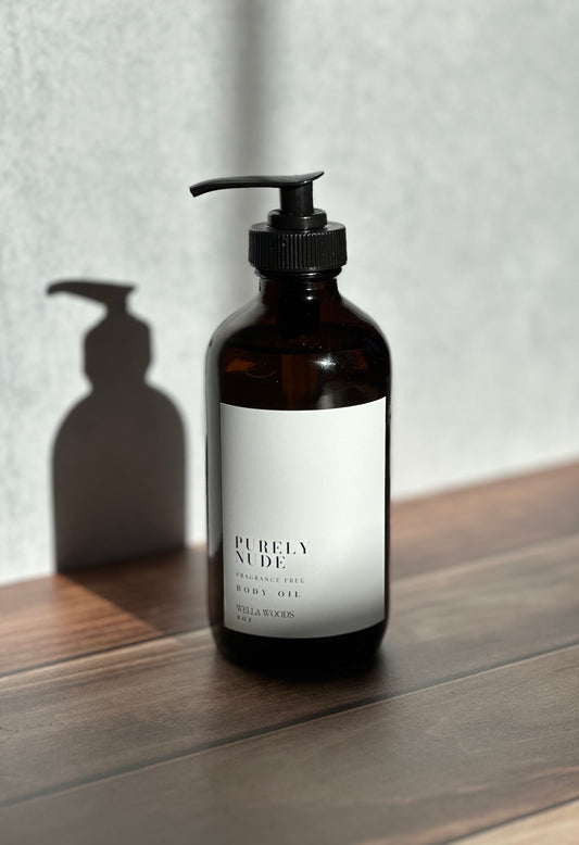Purely Nude Body Oil in Amber Glass Bottle with Black Pump