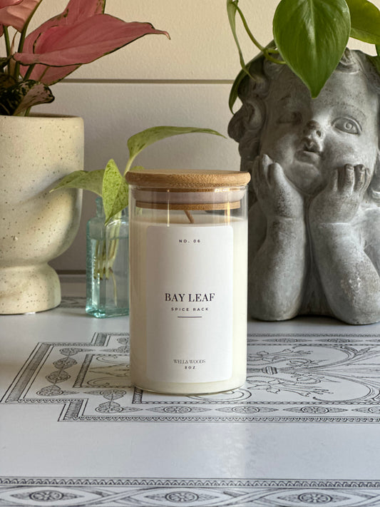 Bay Leaf Soy Candle in clear Spice Rack Jar with Bamboo Lid and White Label.