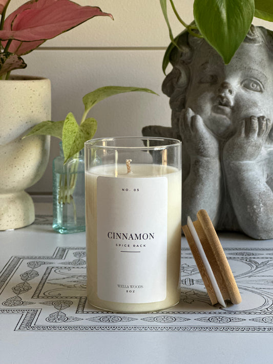 Cinnamon Soy Candle in clear Spice Rack Jar with Bamboo Lid and White Label.